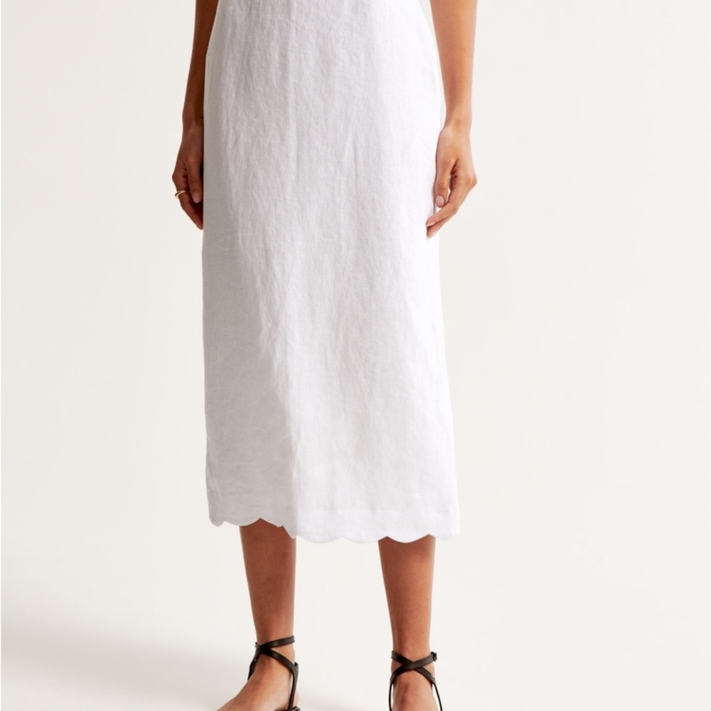 Abercrombie & Fitch Premium Linen Scallop-Hem Midi Skirt White XXSP NWT